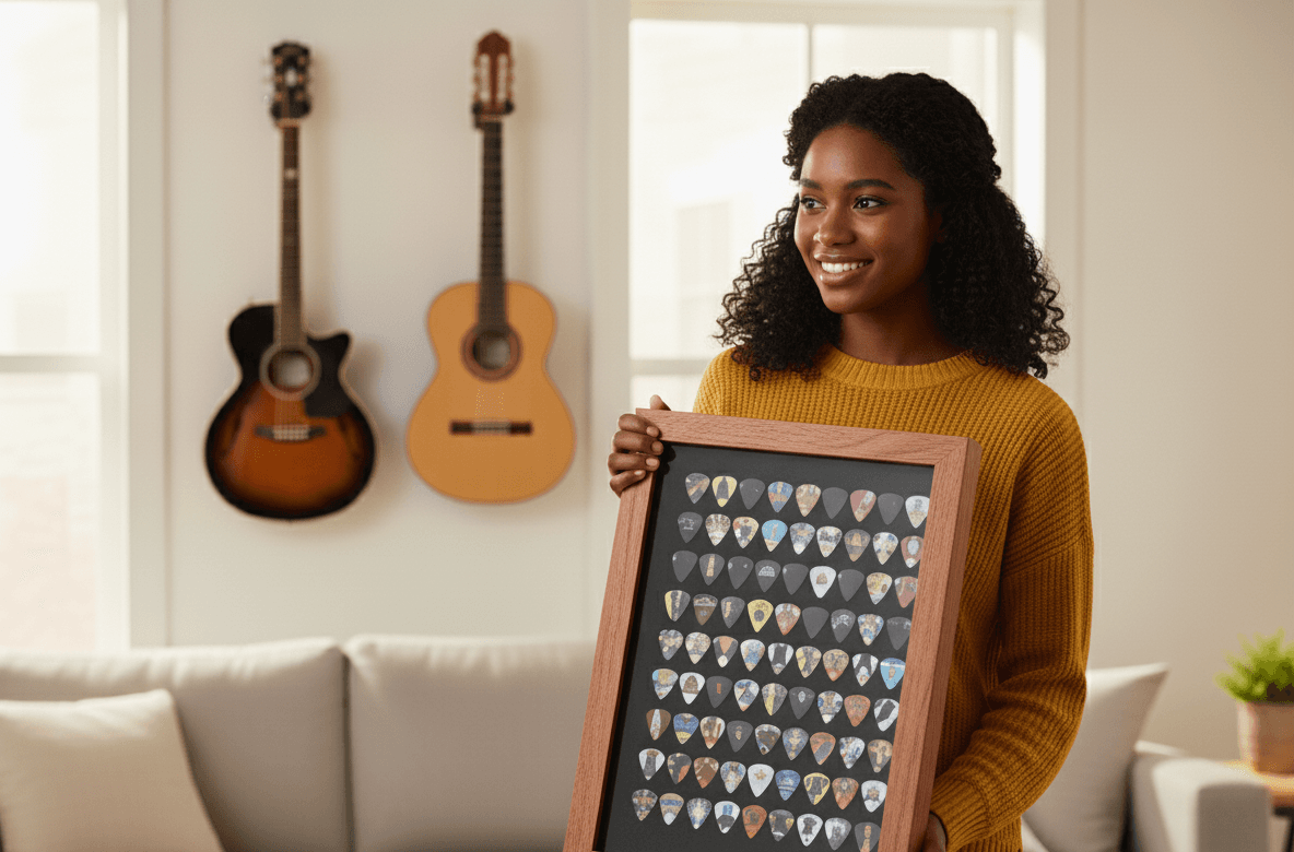 Oak shadowbox picture frame displaying guitar pick collection in organized grid layout featuring vintage concert memorabilia and band picks demonstrating music memorabilia framing for rock music collectors and concert keepsake displays