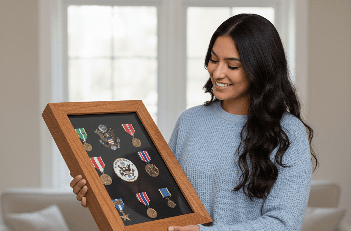 Oak wood military shadowbox picture frame displaying service medals insignia and military memorabilia collection demonstrating professional veteran tribute framing for military honor displays using traditional wood finish