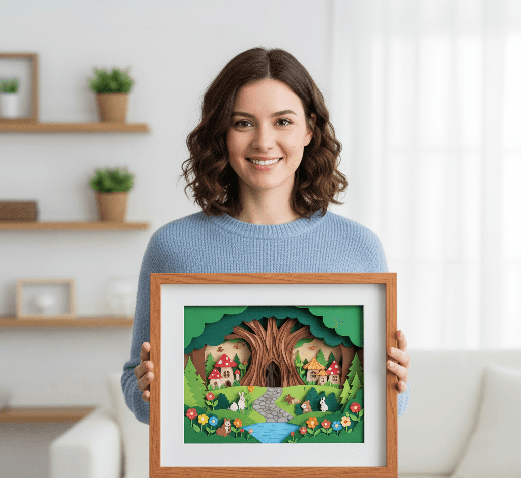 Oak wood shadowbox frame with white matting showcasing whimsical fairy tree house dimensional paper art featuring mushroom cottages garden path and flowing river demonstrating children's artwork shadowbox framing for intricate papercraft displays