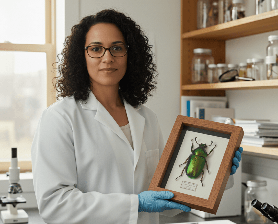 Honey oak entomology shadowbox frame displaying mounted green beetle specimen with scientific label demonstrating professional insect specimen framing for natural history collections and scientific displays using museum-quality presentation