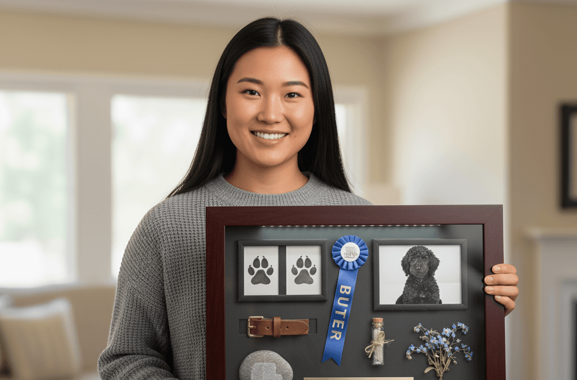 Pet memorial shadowbox picture frame in rich walnut featuring collar paw prints and photos