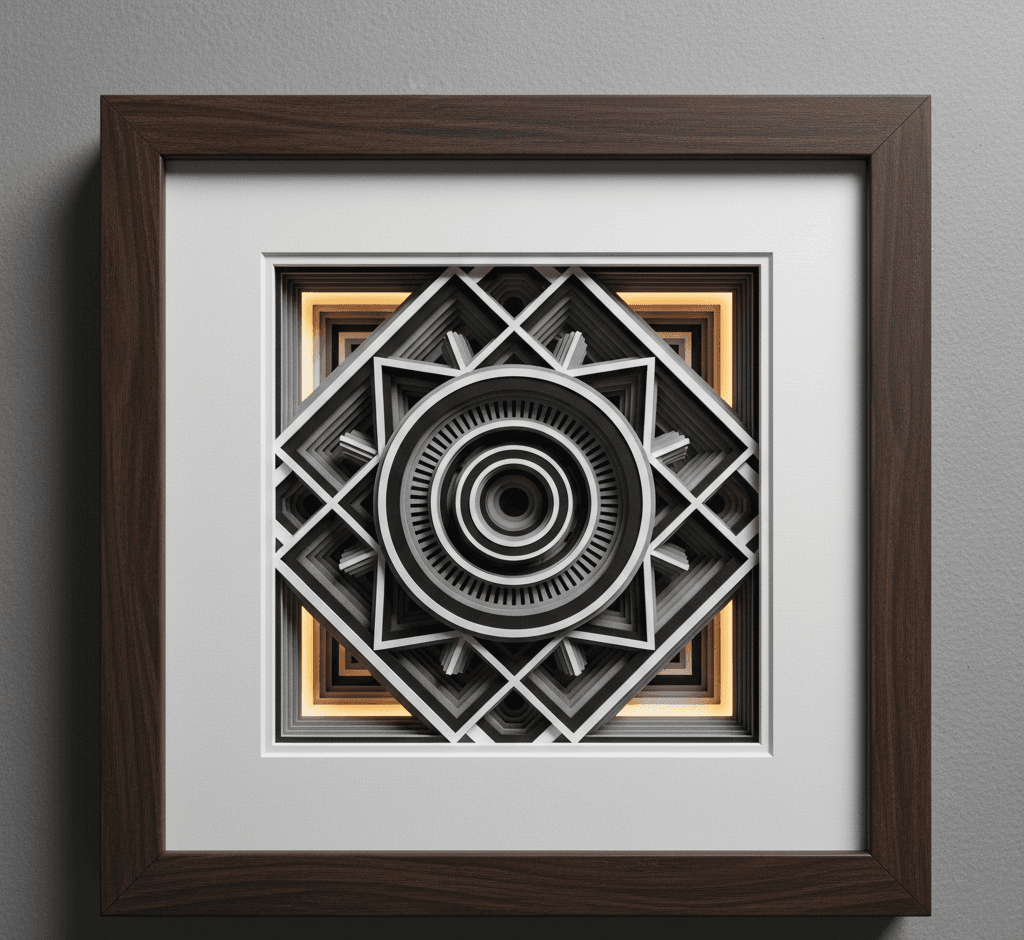Geometric mandala paper art in walnut shadowbox frame featuring layered dimensional design