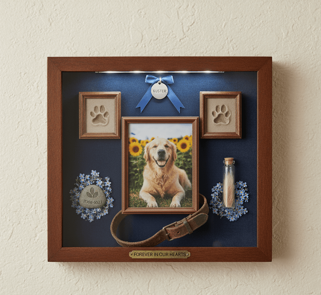 Golden retriever memorial shadowbox picture frame in rich walnut with paw prints collar and flowers