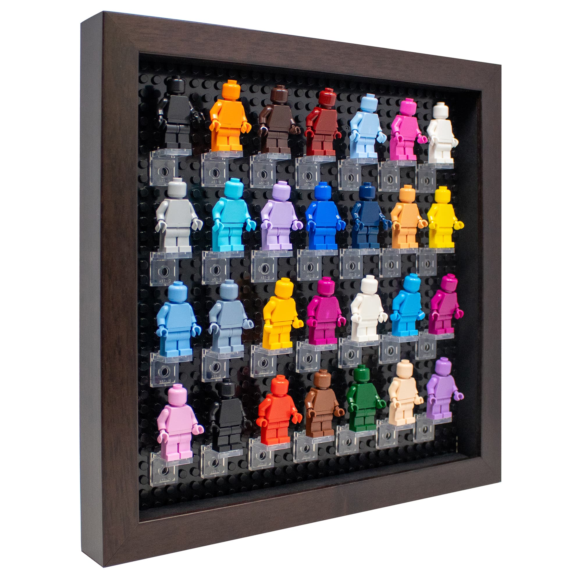 LEGO minifigure shadowbox display frame in walnut finish showcasing colorful character collection