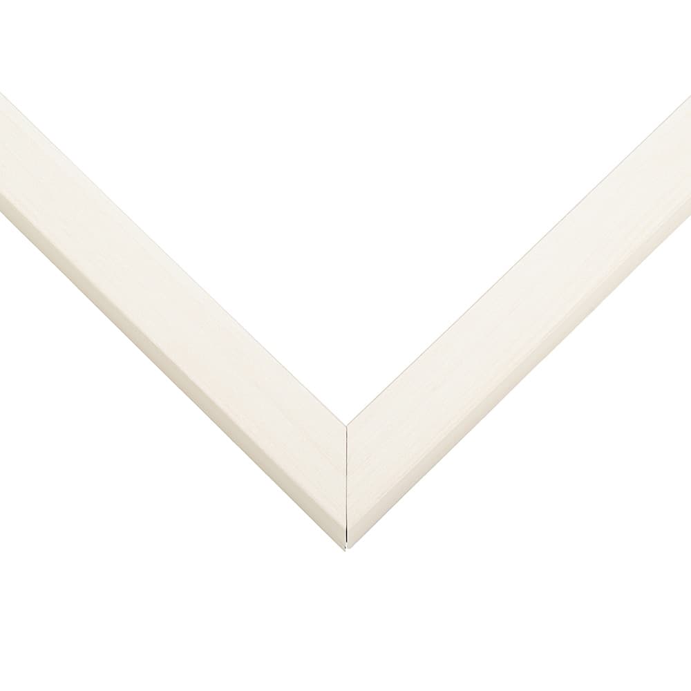 Coastal Whitewash corner detail showing precision mitered joint with soft white finish and 0.75 inch moulding width with 0.875 inch usable depth perfect for coastal and contemporary shadowbox displays
