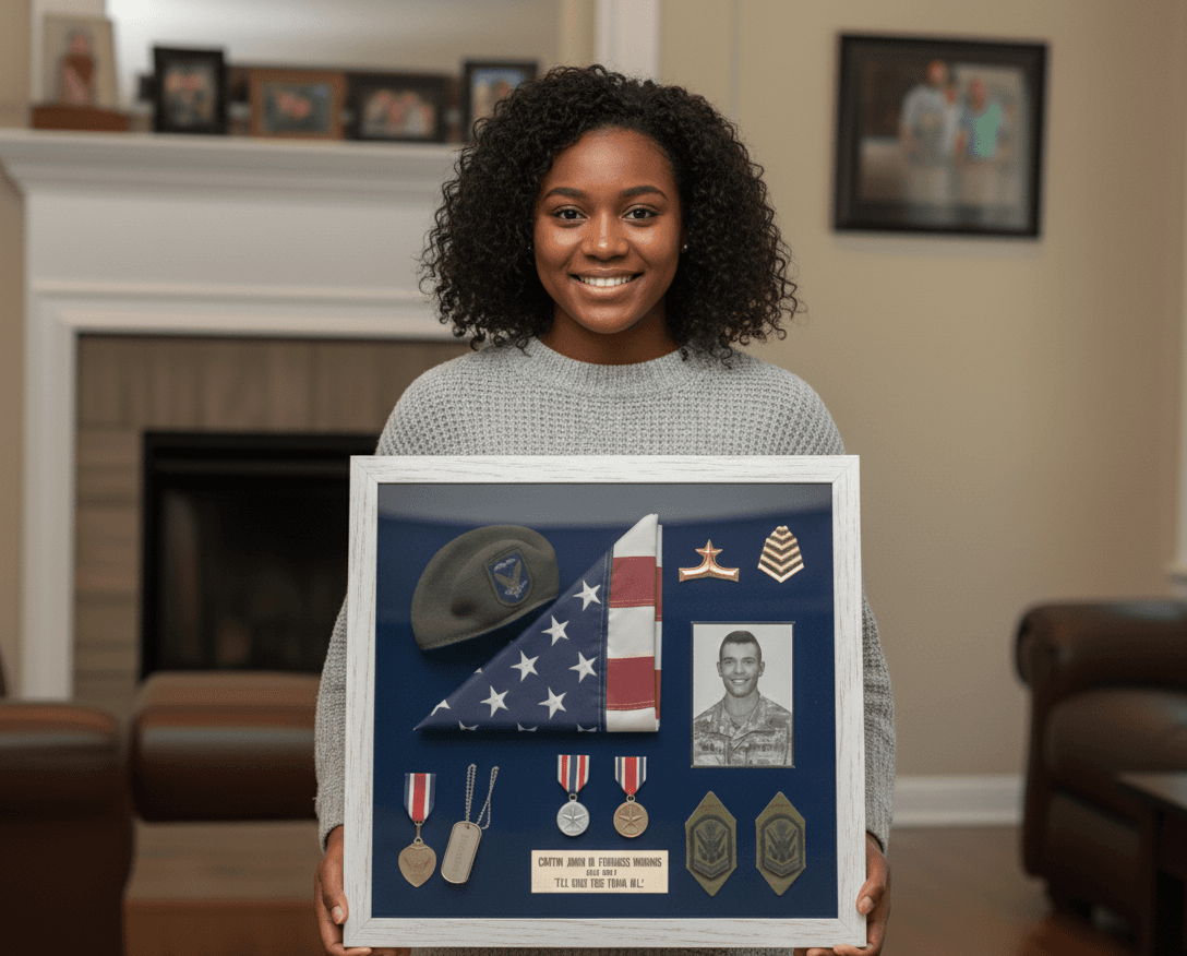 Coastal whitewash shadowbox frame displaying preserved memorabilia demonstrating traditional shadow box framing for sentimental object displays using shabby chic white finish