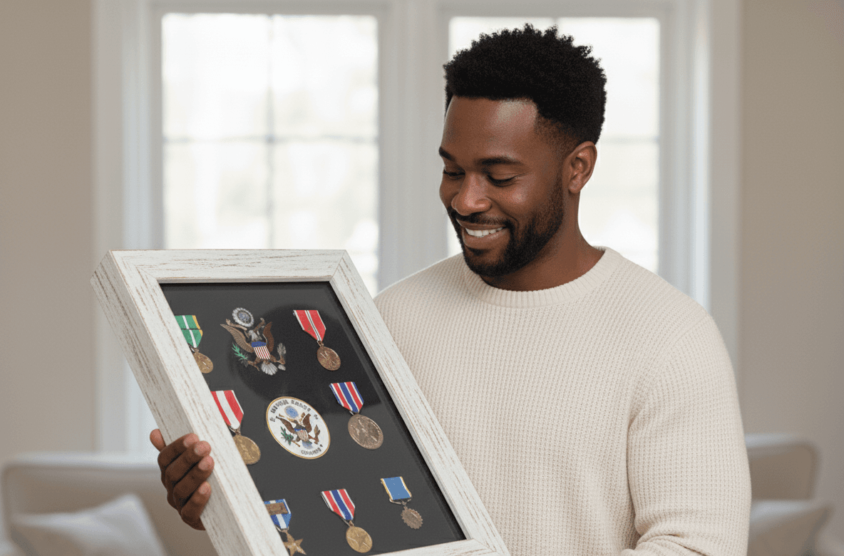 Whitewash shadowbox frame displaying treasured memorabilia collection demonstrating traditional shadowbox framing for heritage preservation using coastal white wood styling