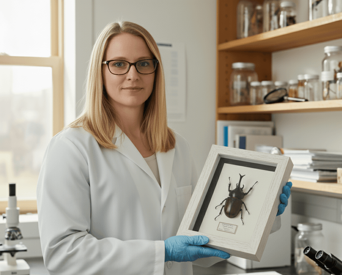 Coastal whitewash entomology shadowbox picture frame with dark matting displaying mounted beetle specimen with scientific label in laboratory setting demonstrating professional insect specimen framing for natural history collections scientific displays and entomology preservation using museum-quality white wood finish
