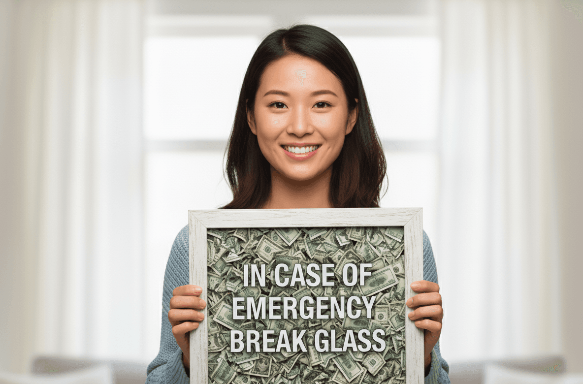 Coastal whitewash novelty shadowbox picture frame displaying emergency money display with crumpled dollar bills and humorous In Case of Emergency Break Glass text demonstrating creative gift framing for funny money shadow box displays gag gifts and novelty wall art using shabby chic white finish