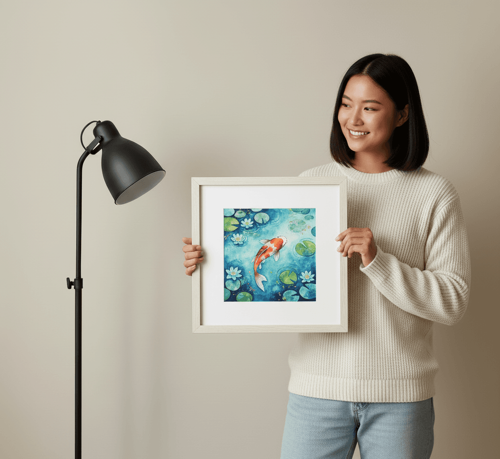 Man on stool adjusts framed art prints in white wash gallery wall featuring watercolor splashes botanical sketches and soft abstract paintings