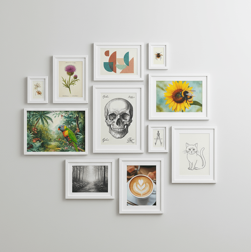 Gallery wall of white picture frames displays assorted artwork including botanical illustrations, geometric designs, skull sketch, and parrot painting