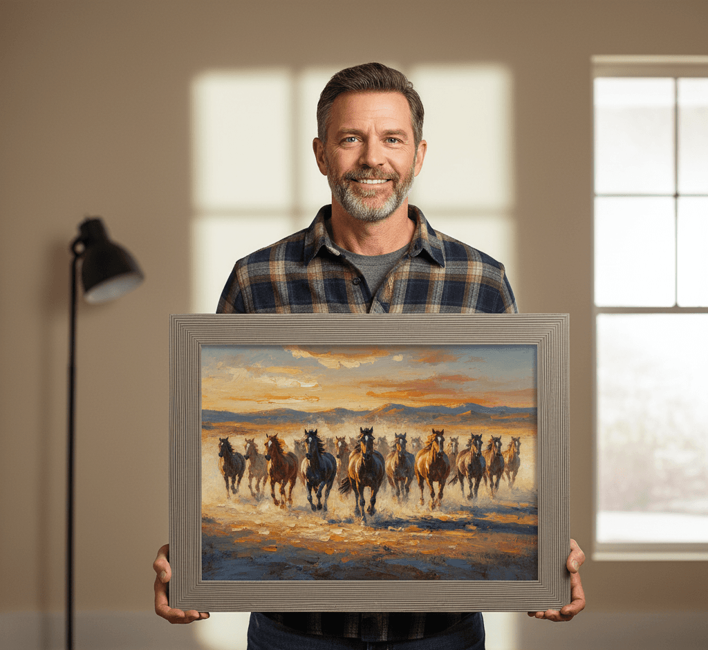 Man holding large Barnwood Gray custom frame with western horses oil painting in warm interior demonstrating substantial 1.5 inch textured moulding profile perfect for landscape and wildlife artwork framing