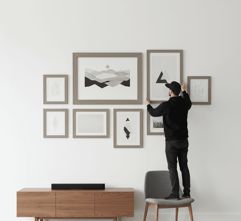 Man arranging minimalist gallery wall with Barnwood Gray picture frames featuring geometric abstract art and black white photography demonstrating modern rustic styling for contemporary interior design
