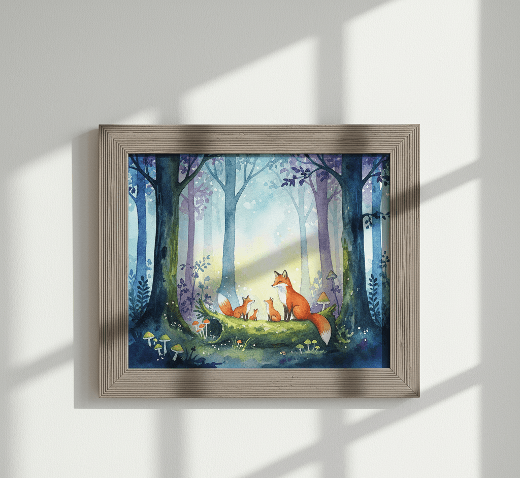 Barnwood Gray picture frame displaying whimsical fox family watercolor illustration with natural window light creating dramatic shadows on wall demonstrating neutral gray finish for children's art and nature illustration framing