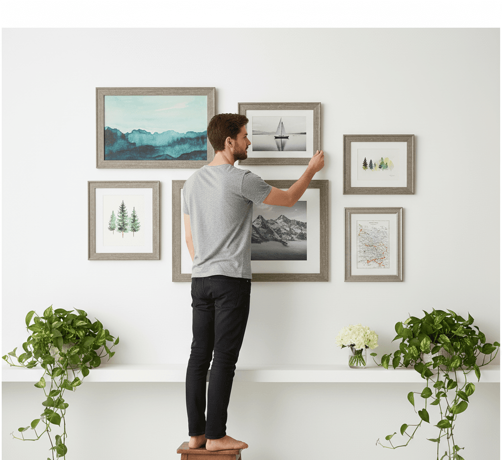 Man on wooden stool arranging Barnwood Gray picture frames gallery wall with nature photography landscape watercolors and sailboat prints demonstrating sophisticated gray finish for coastal and outdoor-themed artwork