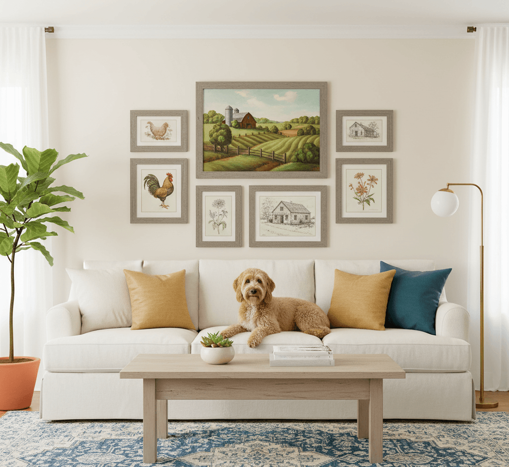 Barnwood Gray picture frames in farmhouse gallery wall arrangement displaying rural landscape painting rooster botanical prints and architectural sketches above cream sofa with dog showcasing warm gray tones for country home décor