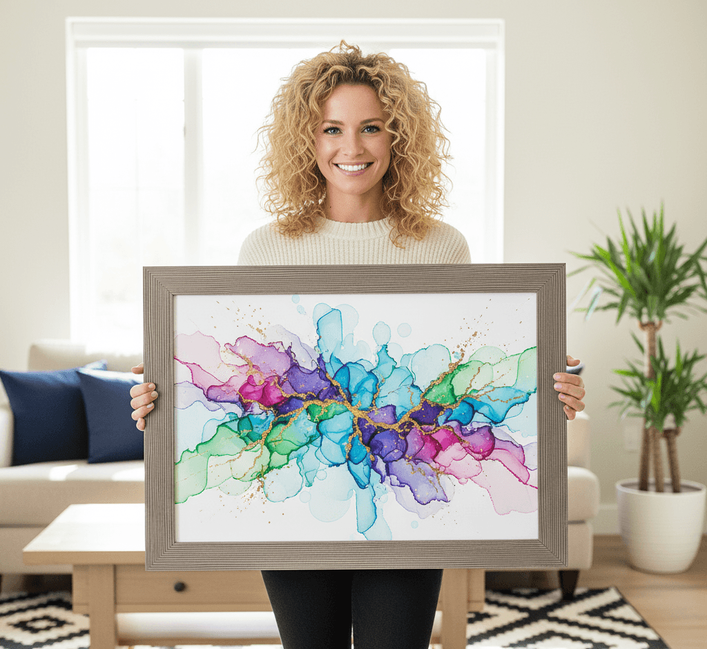 Woman holding oversized Barnwood Gray picture frame displaying vibrant abstract watercolor art with pink purple blue gold alcohol ink splashes in bright modern living room showcasing substantial 1.5 inch textured moulding for contemporary statement pieces