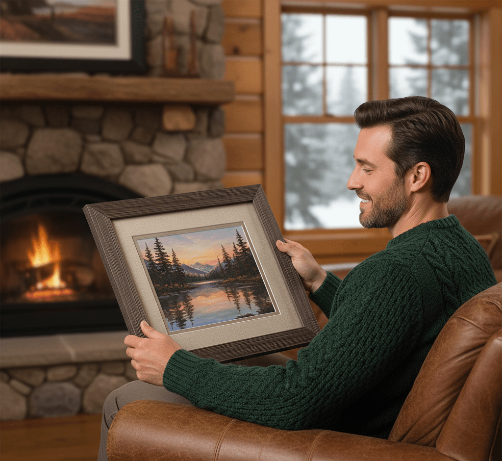 Man in rustic cabin by stone fireplace holding Barnwood Brown picture frame with mountain lake sunset reflection landscape featuring evergreen trees purple mountains and golden hour lighting with double matting showcasing rich brown finish and 1.5 inch authentic barnwood moulding for lodge and wilderness artwork framing