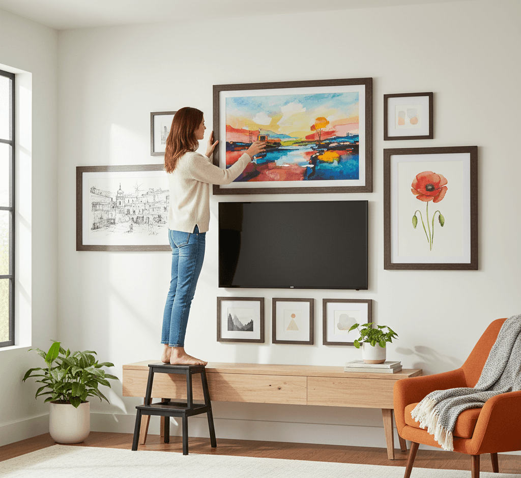 Woman on stool arranging Barnwood Brown picture frames living room gallery wall over television featuring colorful abstract landscape red poppy botanical print and minimalist geometric art demonstrating versatile farmhouse styling with 1.5 inch authentic barnwood moulding for media wall displays