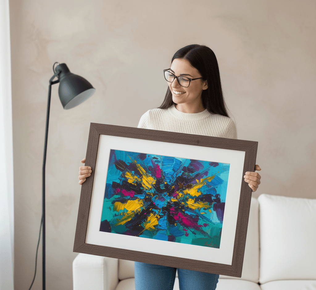 Woman presenting large Barnwood Brown picture frame displaying bold abstract expressionist painting with teal turquoise yellow magenta brushstrokes in bright modern interior showcasing substantial 1.5 inch rustic barnwood moulding and authentic wood grain texture for vibrant contemporary artwork framing