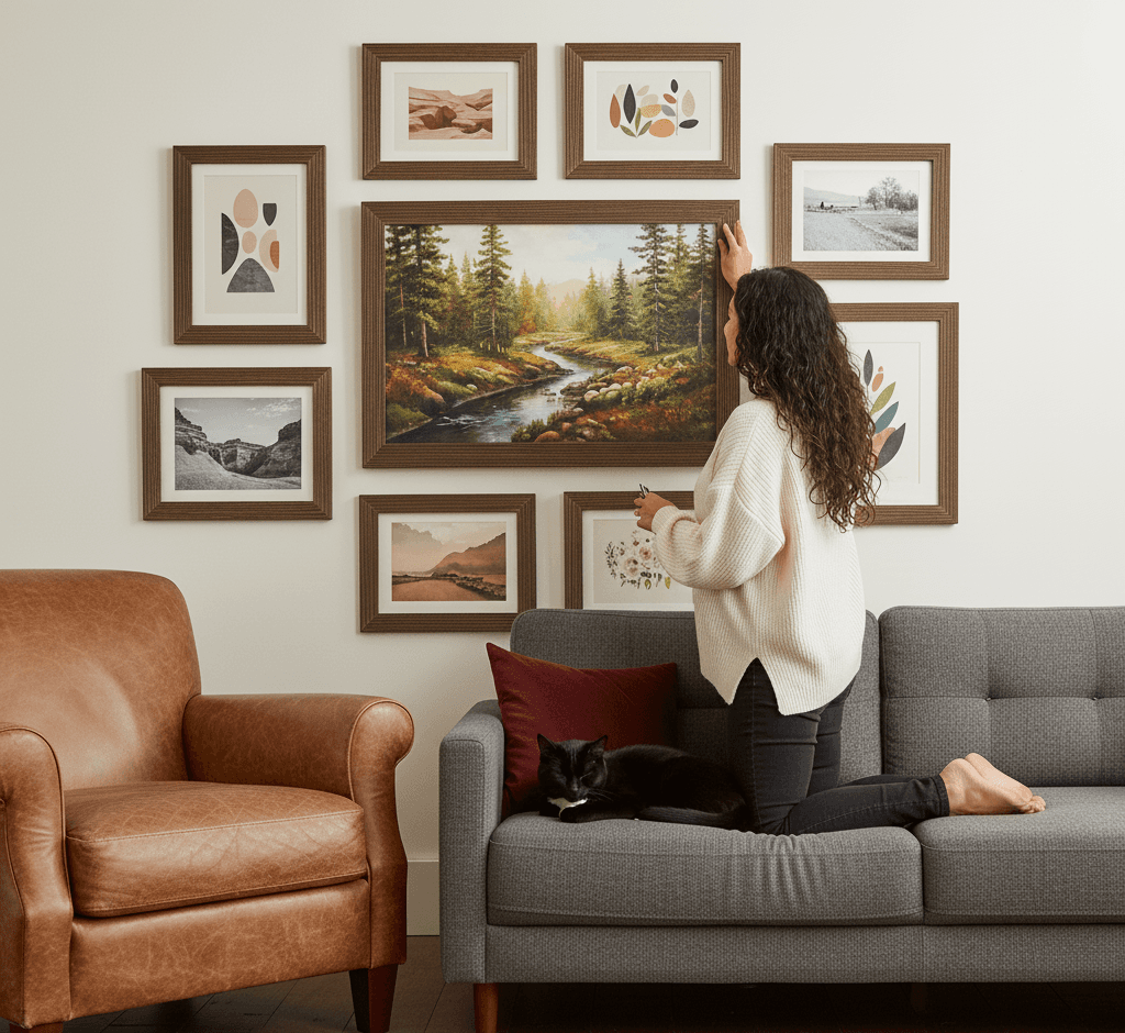 Woman on couch arranging Barnwood Brown picture frames gallery wall with panoramic forest stream landscape centerpiece surrounded by botanical leaf prints geometric abstract art and black white photography demonstrating rustic farmhouse styling and 1.5 inch authentic barnwood moulding for living room wall displays