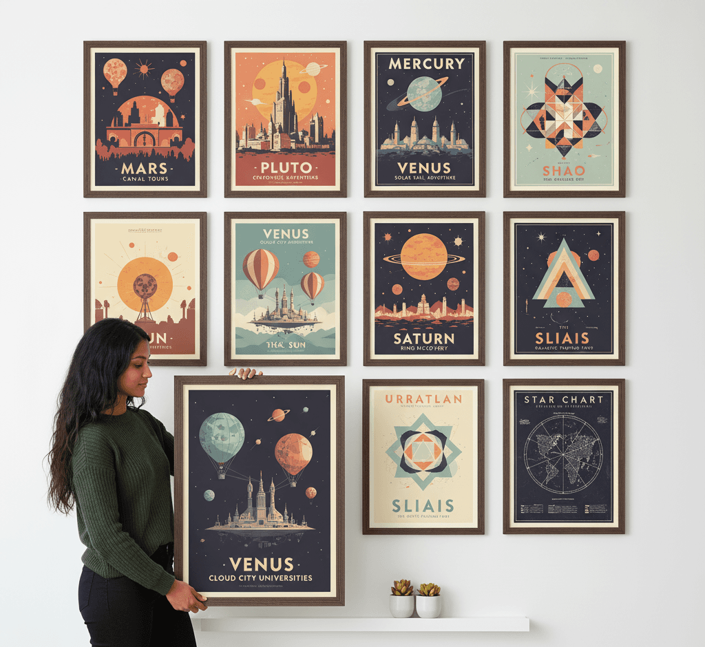 Woman holding oversized Barnwood Brown custom frame with vintage Venus space travel poster in 4x3 grid gallery wall featuring retro planetary prints Mercury Saturn star charts demonstrating authentic barnwood texture and 1.5 inch rustic wood grain moulding for science fiction and astronomy themed collections