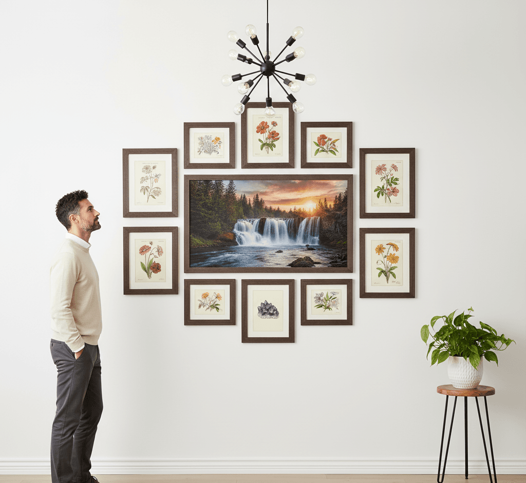 Man admiring diamond-shaped Barnwood Brown picture frames gallery wall with vintage botanical wildflower prints surrounding panoramic forest waterfall landscape photograph demonstrating rustic wood grain finish and 1.5 inch authentic barnwood moulding for nature themed coordinated wall arrangements