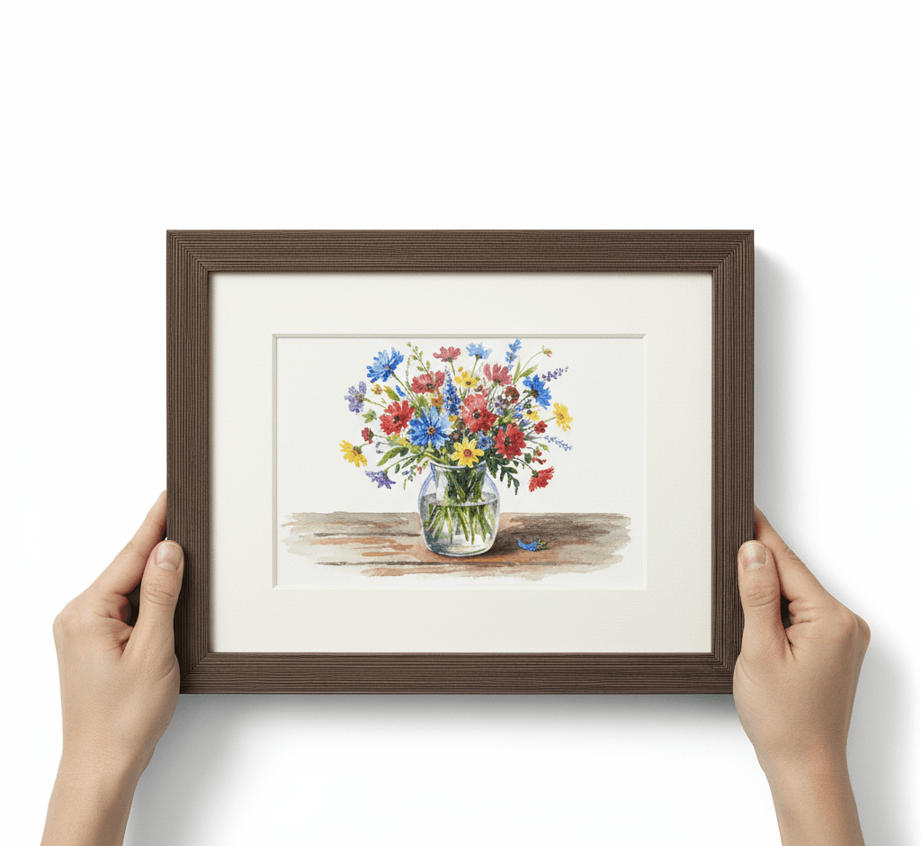 Hands holding Barnwood Brown custom frame displaying colorful wildflower bouquet watercolor still life with blue red yellow purple blooms in glass vase showcasing rich brown farmhouse finish and 1.5 inch rustic barnwood moulding for botanical floral artwork and garden themed illustration framing