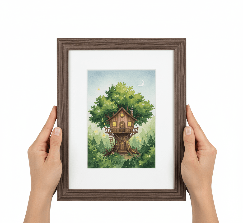 Hands holding Barnwood Brown picture frame with whimsical treehouse watercolor illustration featuring magical forest dwelling crescent moon and glowing windows showcasing authentic barnwood texture and 1.5 inch rustic wood grain moulding perfect for children's storybook art and fantasy illustration framing