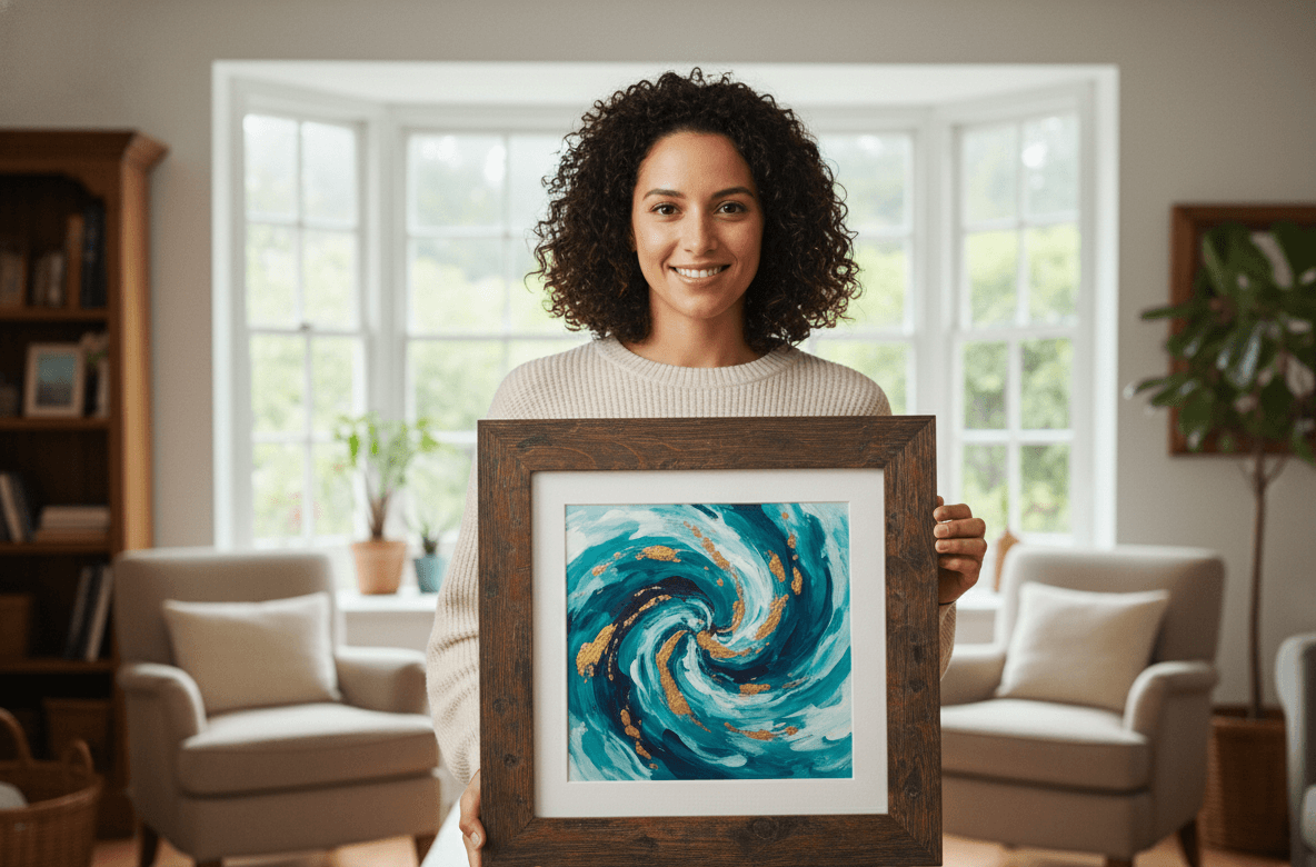 Smiling woman with curly hair in beige sweater holds Barnwood Brown custom frame displaying vibrant turquoise and gold abstract swirl painting with white mat in bright modern living room with large bay windows cream sofas and indoor plants showcasing rustic farmhouse 1.5 inch authentic barnwood moulding for contemporary fluid art and coastal abstract artwork framing