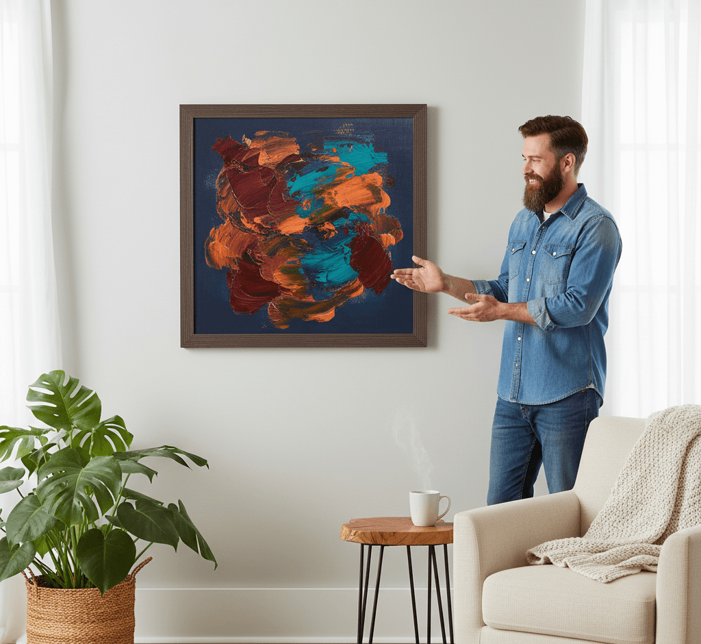 Man presenting large Barnwood Brown custom frame with bold abstract expressionist painting featuring orange teal burgundy impasto brushstrokes on navy blue background in modern interior demonstrating rich brown finish and 1.5 inch authentic barnwood moulding for contemporary fine art and statement pieces