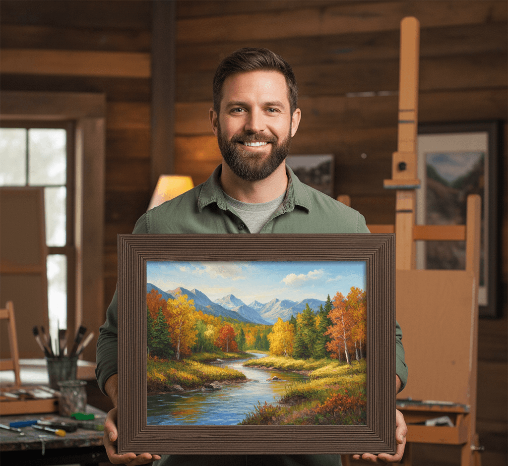 Artist in professional studio holding large Barnwood Brown picture frame displaying autumn mountain landscape oil painting with fall foliage golden aspen trees winding river and blue mountain peaks showcasing rustic wood grain texture and 1.5 inch authentic barnwood moulding for landscape and seasonal artwork framing
