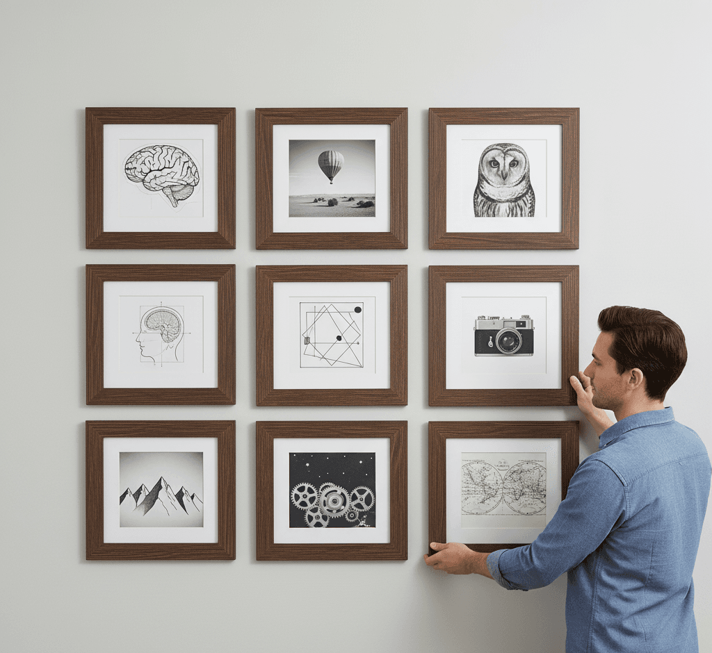 Man arranging 3x3 uniform grid Barnwood Brown custom frames gallery wall featuring black white intellectual prints with brain anatomy hot air balloon barn owl geometric diagrams vintage camera mountain peaks mechanical gears world map demonstrating 1.5 inch rustic barnwood moulding for educational and scientific illustration displays