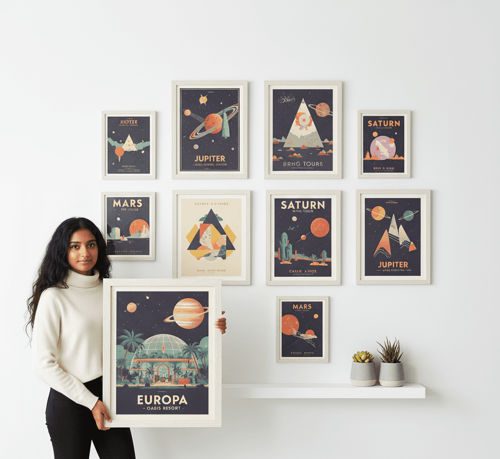Woman holding large Barnwood White custom frame with vintage Europa Jupiter Saturn Mars space travel poster in asymmetric gallery wall featuring retro planetary prints demonstrating bright white shabby chic finish and 1.5 inch textured barnwood moulding for science fiction and mid-century space age poster collections