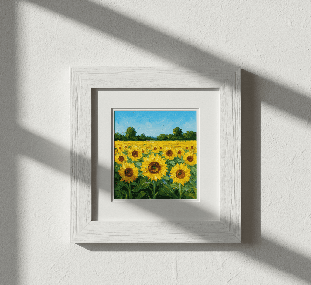 Barnwood White picture frame displaying vibrant sunflower field oil painting with golden yellow blooms emerald green foliage bright blue sky and distant tree line with white matting on neutral wall with dramatic natural window light shadows showcasing bright coastal white finish and substantial 1.5 inch rustic barnwood moulding for floral landscape and agricultural artwork framing
