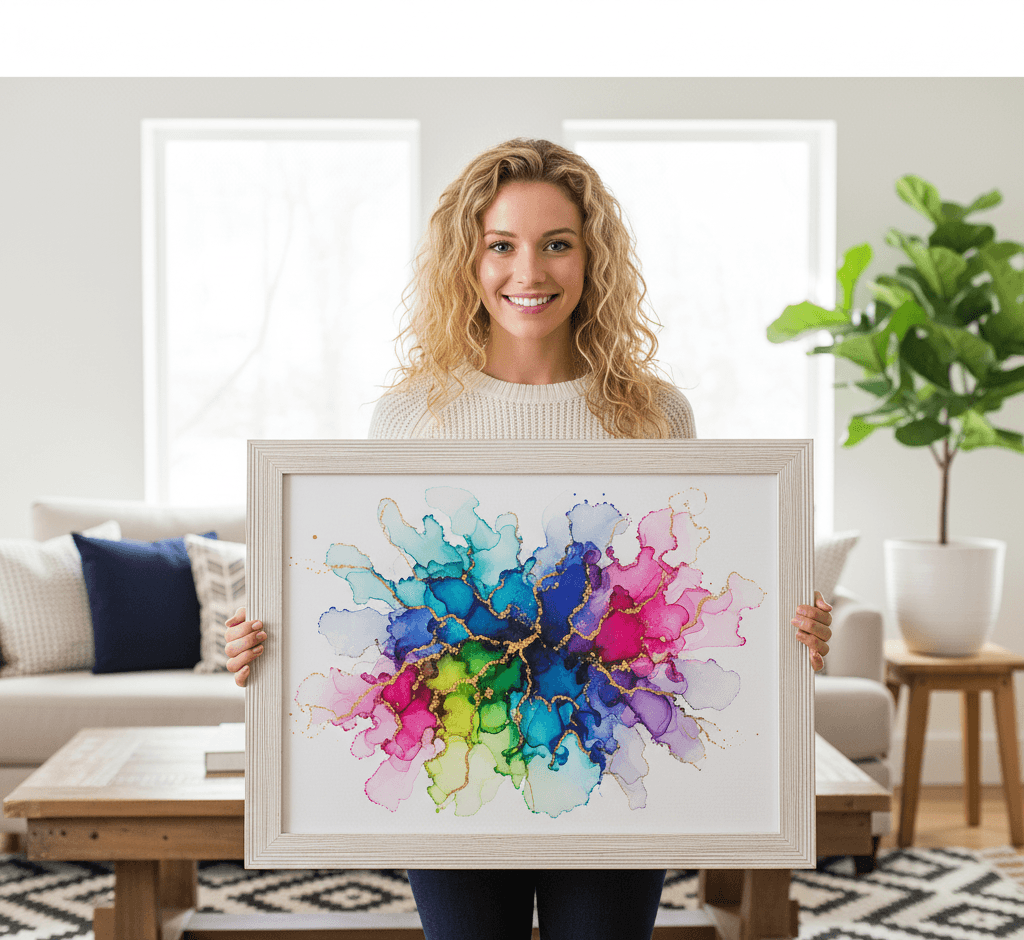 Woman presenting large Barnwood White custom frame displaying dramatic ocean spiral abstract painting with deep navy blue teal turquoise purple swirling vortex brushstrokes creating dynamic movement in warm modern interior showcasing textured white finish and substantial 1.5 inch coastal barnwood moulding for contemporary fluid art and oceanic abstract expressionism framing
