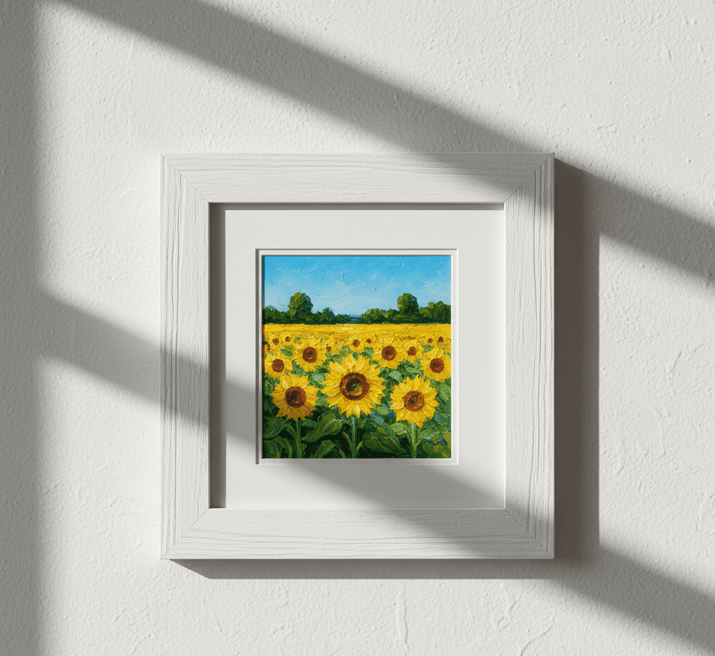 Barnwood White picture frame displaying vibrant sunflower field oil painting with golden yellow blooms emerald green foliage pink sunset orange sky and distant mountain horizon with white matting on neutral wall showcasing bright coastal white finish and substantial 1.5 inch rustic barnwood moulding for floral and agricultural landscape framing