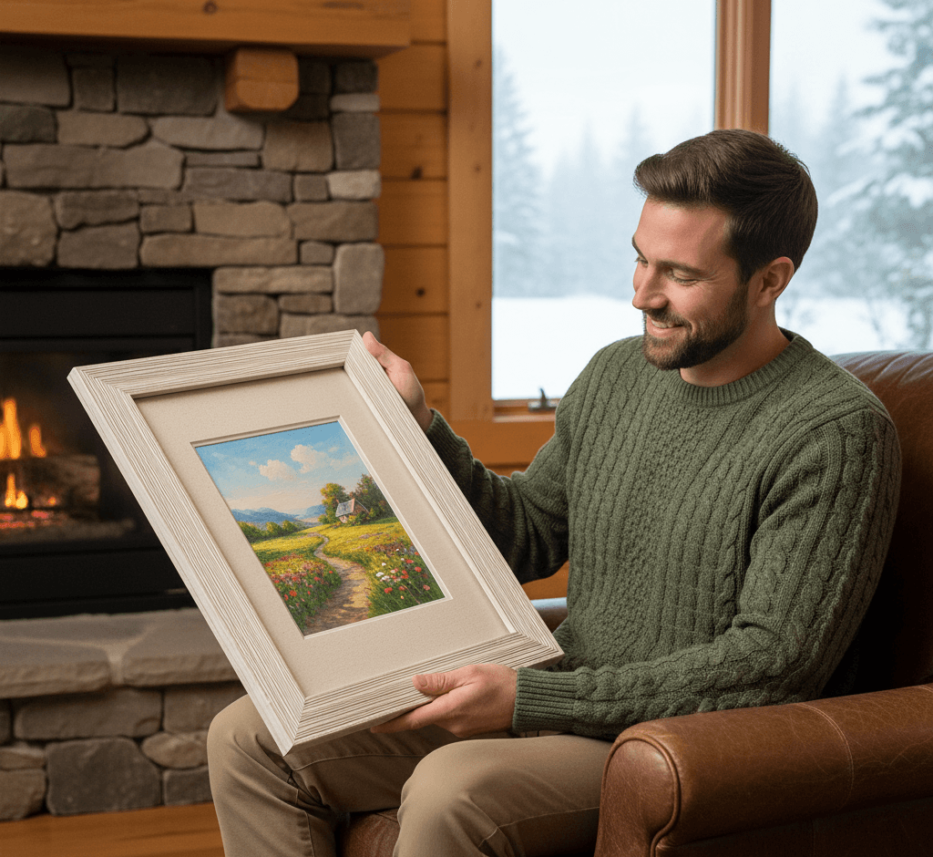 Man in rustic cabin beside stone fireplace holding Barnwood White custom frame displaying pastoral landscape oil painting with wildflower meadow path golden fields blue mountain vista and fluffy clouds with cream matting demonstrating soft white finish and 1.5 inch authentic barnwood moulding for lodge and countryside artwork framing