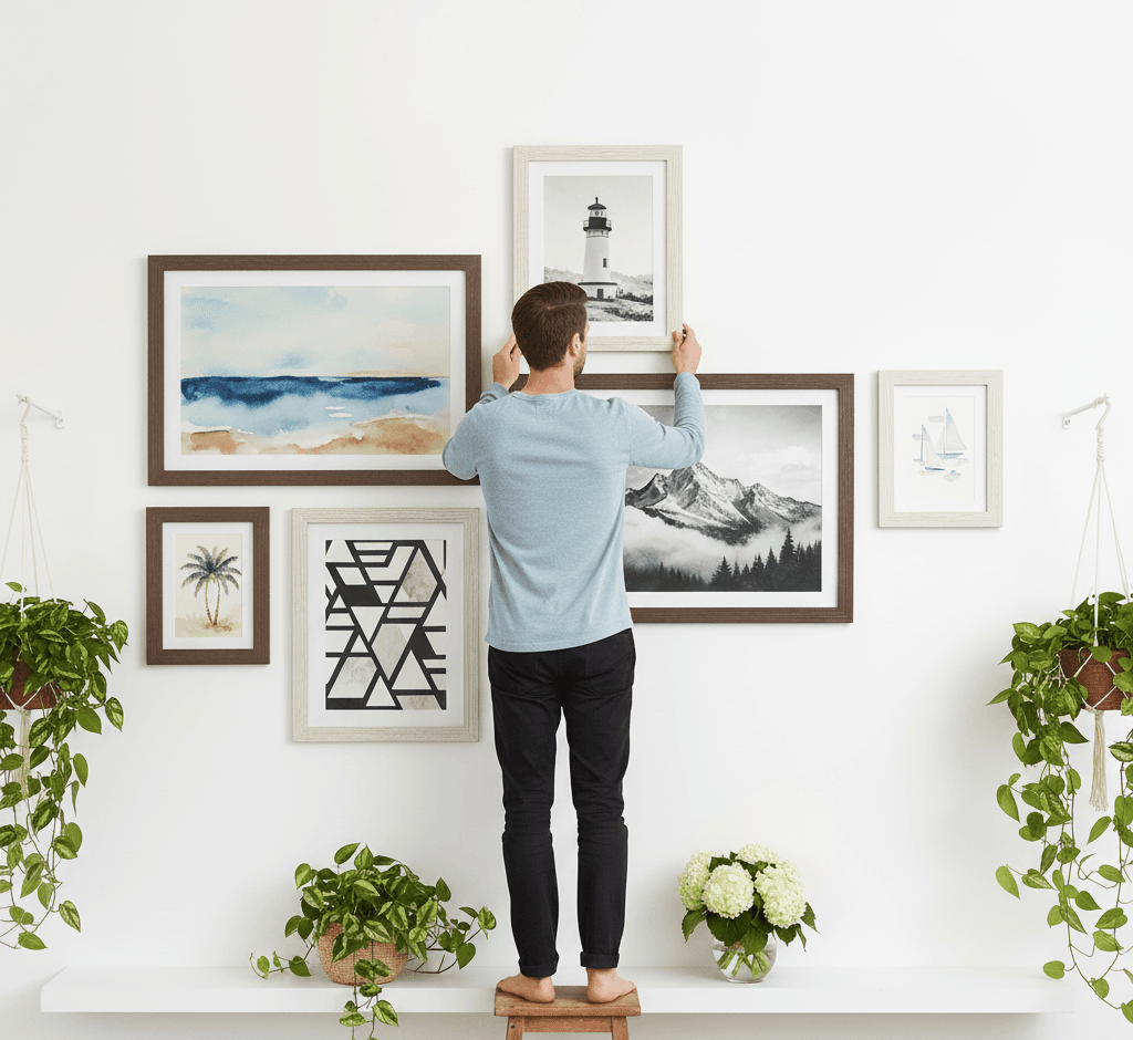 Man on stool arranging eclectic Barnwood White picture frames gallery wall featuring coastal watercolor seascape black white lighthouse photograph mountain landscape palm tree botanical and geometric abstract demonstrating bright coastal rustic white finish and 1.5 inch textured barnwood moulding for mixed media and travel themed wall arrangements