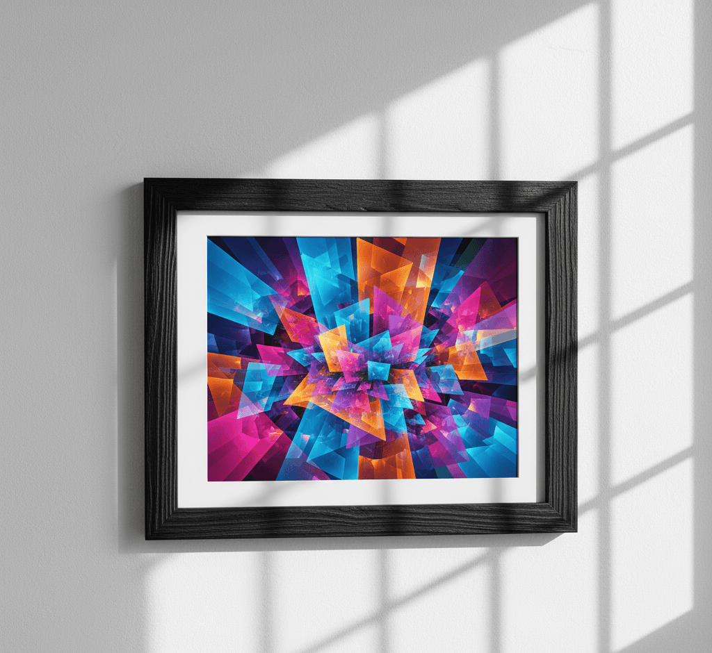 Barnwood Black custom frame displaying explosive geometric crystal shard digital art with radial burst of vibrant blue cyan orange magenta purple translucent angular fragments emanating from center on neutral wall with dramatic natural window light shadows showcasing sophisticated black finish and substantial 1.5 inch rustic barnwood moulding for contemporary digital art and abstract geometric framing