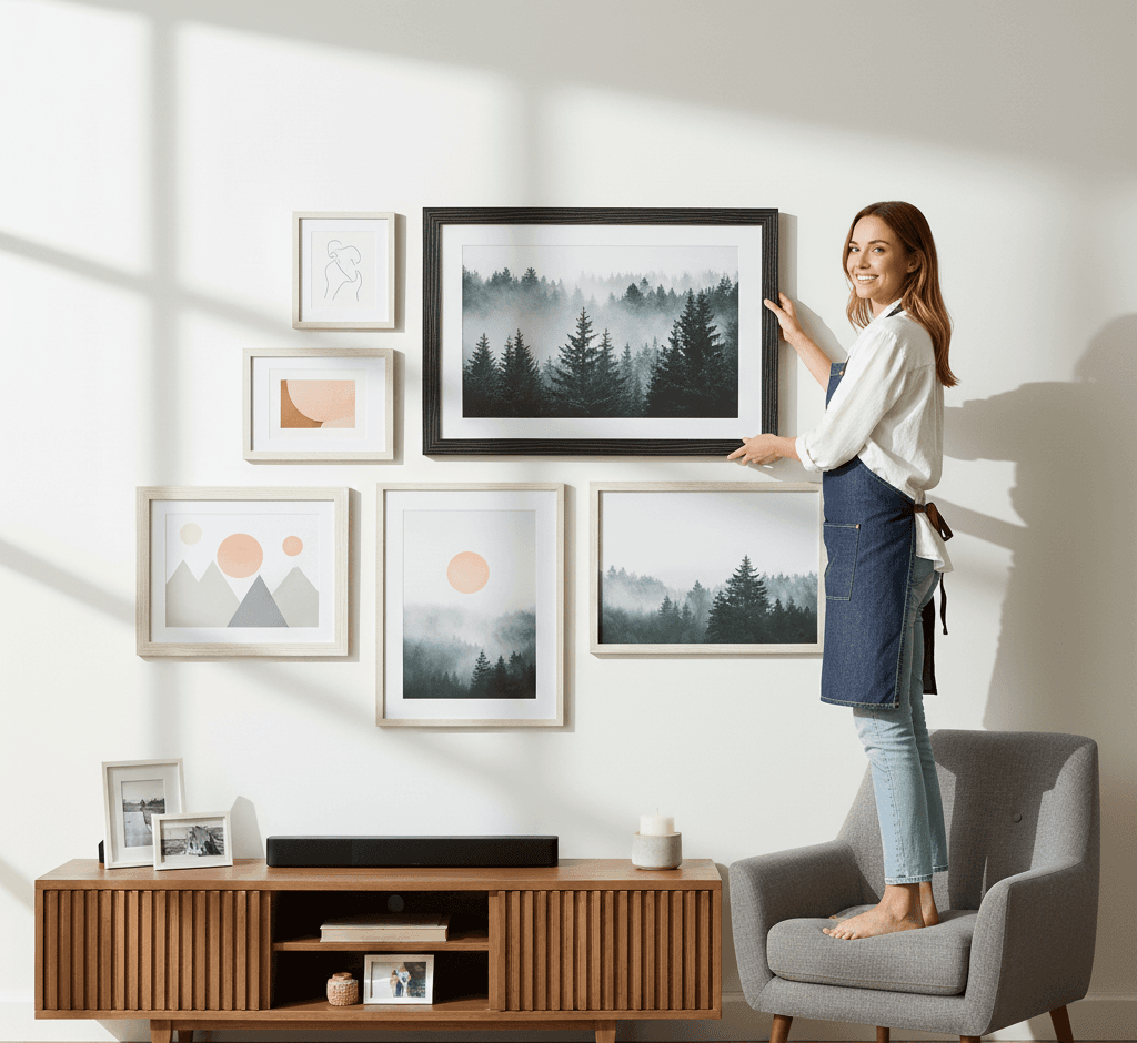 Woman on chair arranging mixed black and white picture frames gallery wall featuring large misty forest landscape photography centerpiece with fog rolling through evergreen pine trees complemented by geometric minimalist prints in white frames demonstrating sophisticated black finish and 1.5 inch textured barnwood moulding for contemporary nature photography and mixed frame color gallery wall arrangements