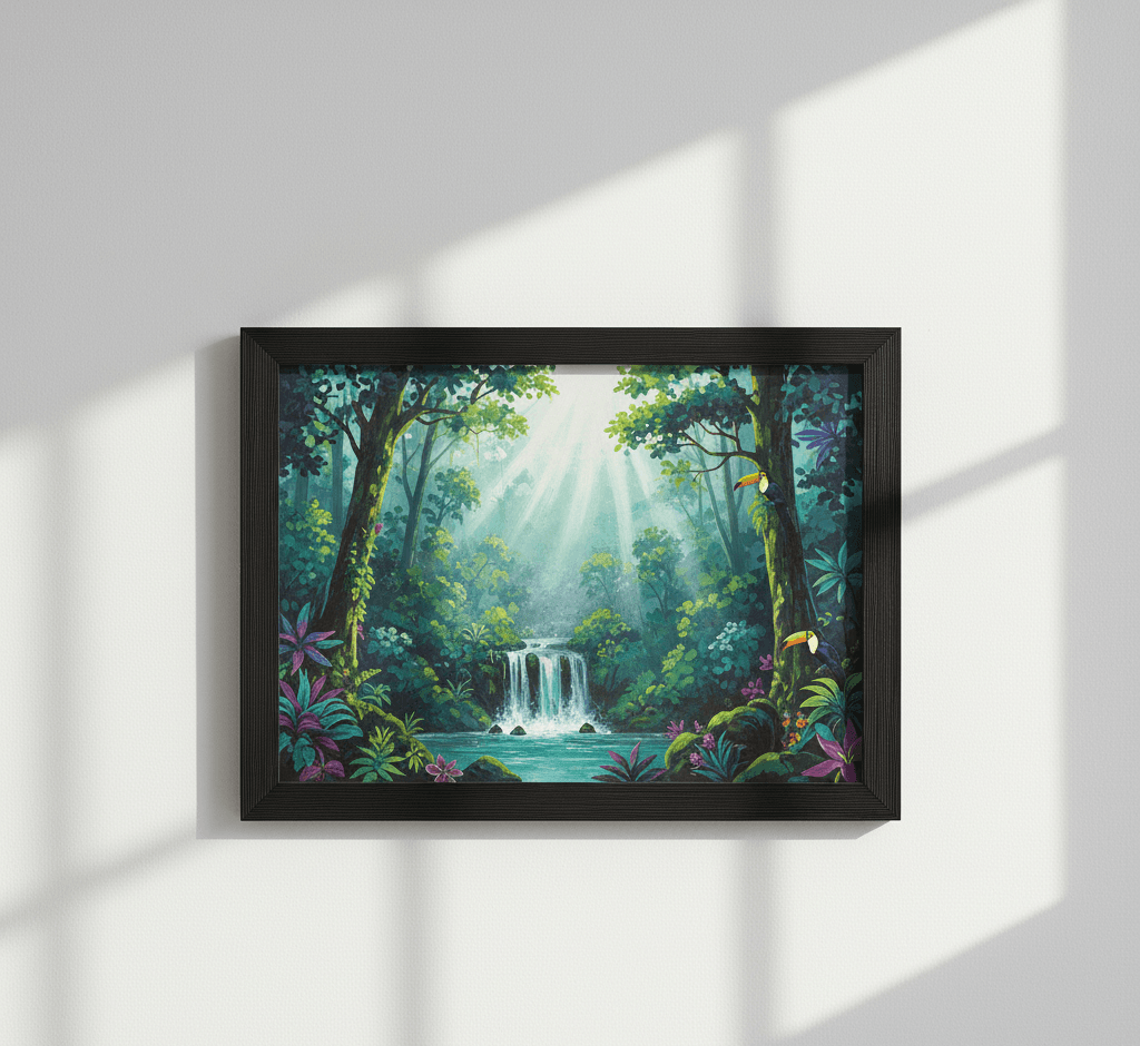 Barnwood Black picture frame displaying lush tropical rainforest waterfall oil painting with emerald green foliage cascading white waterfall into turquoise pool vibrant purple pink flowers colorful toucans and dramatic sunbeams filtering through dense jungle canopy on textured wall with natural window light shadows showcasing rich black wood grain finish and substantial 1.5 inch rustic barnwood moulding for tropical landscape and exotic wildlife artwork framing