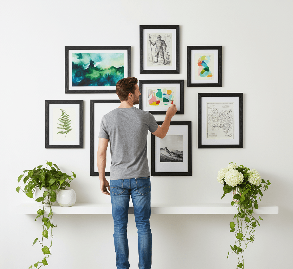 Man arranging eclectic Barnwood Black custom frames gallery wall featuring abstract teal turquoise watercolor landscape vintage classical sculpture line drawing colorful geometric tessellation art delicate green fern botanical pressed specimen and antique topographical map demonstrating sophisticated black finish and 1.5 inch textured barnwood moulding for curated art collections and mixed media gallery wall displays