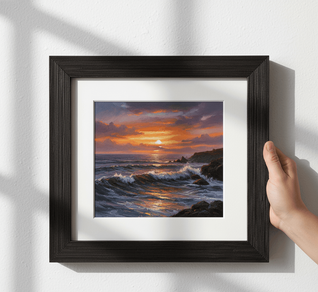 Hand placing small Barnwood Black custom frame displaying dramatic coastal seascape oil painting with fiery orange golden sunset clouds purple twilight sky reflecting on ocean waves crashing against dark rocky shoreline on textured neutral wall with natural window light shadows showcasing sophisticated black finish and substantial 1.5 inch rustic barnwood moulding for intimate coastal landscape and maritime artwork framing