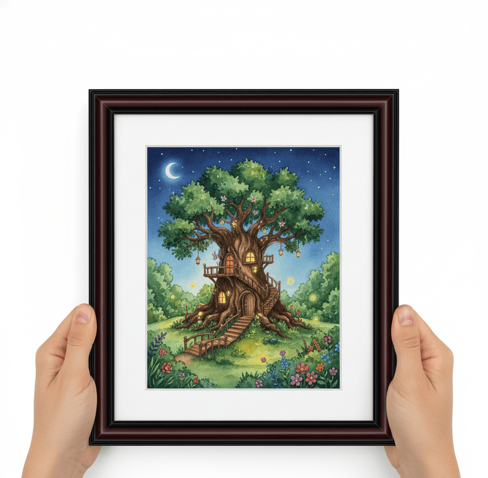 Hands holding Executive Brown picture frame displaying enchanting fantasy treehouse illustration with magical nighttime scene featuring illuminated wooden dwelling built into ancient oak with hanging lanterns stairways platforms starry navy blue sky crescent moon and colorful wildflower garden showcasing traditional mahogany brown finish and substantial 1.25 inch stepped moulding for children's fantasy art nursery artwork and whimsical illustration framing
