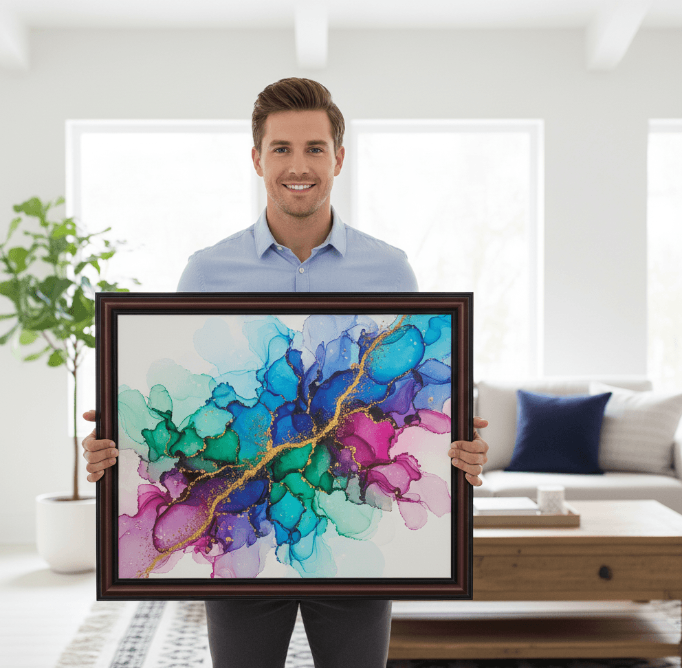 Professional presenting large Executive Brown picture frame displaying vibrant alcohol ink abstract art with organic flowing teal turquoise aqua blue navy purple magenta shapes separated by metallic gold veining creating fluid marbled crystalline geode effect in bright modern interior demonstrating sophisticated mahogany brown finish and traditional 1.25 inch stepped moulding for contemporary alcohol ink painting and fluid art framing