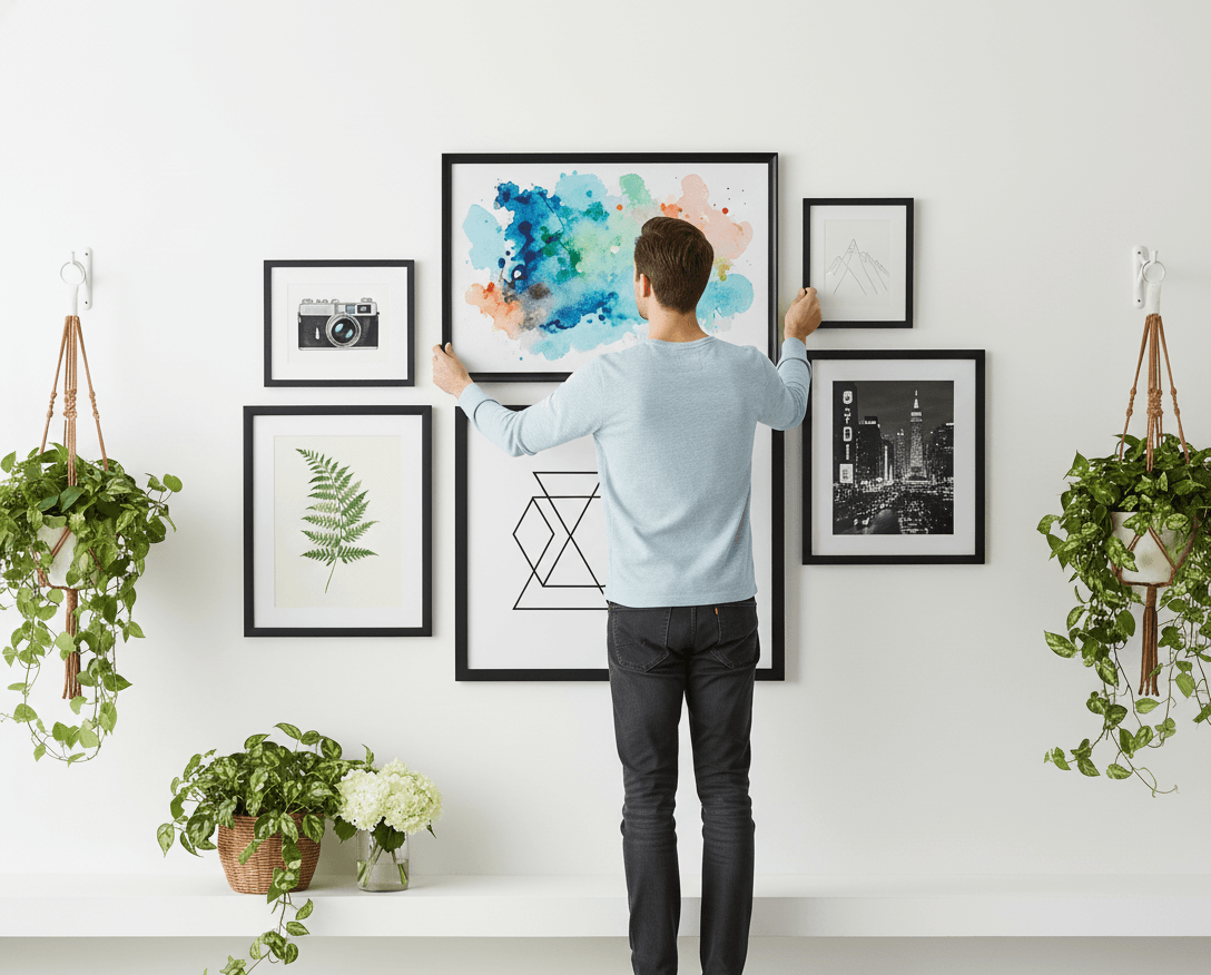 Man arranging comprehensive mixed media gallery wall featuring black picture frames with vibrant watercolor abstract art centerpiece surrounded by vintage camera illustration delicate fern botanical geometric line art and monochromatic cityscape photography with hanging pothos plants creating eclectic modern display demonstrating versatility of coordinating Executive Brown frames with other frame finishes for mixed gallery wall displays