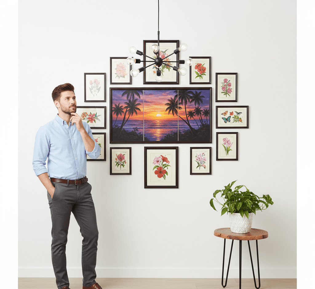 Professional admiring comprehensive Executive Brown custom frames TV gallery wall surrounding television featuring large tropical palm tree sunset oil painting with vibrant magenta purple orange sky over silhouetted palms and turquoise ocean surrounded by vintage botanical floral illustrations including orchids roses amaryllis and decorative wildflowers creating cohesive nature inspired display demonstrating traditional mahogany brown finish and substantial 1.25 inch stepped moulding for coordinated TV wall and botanical art collections