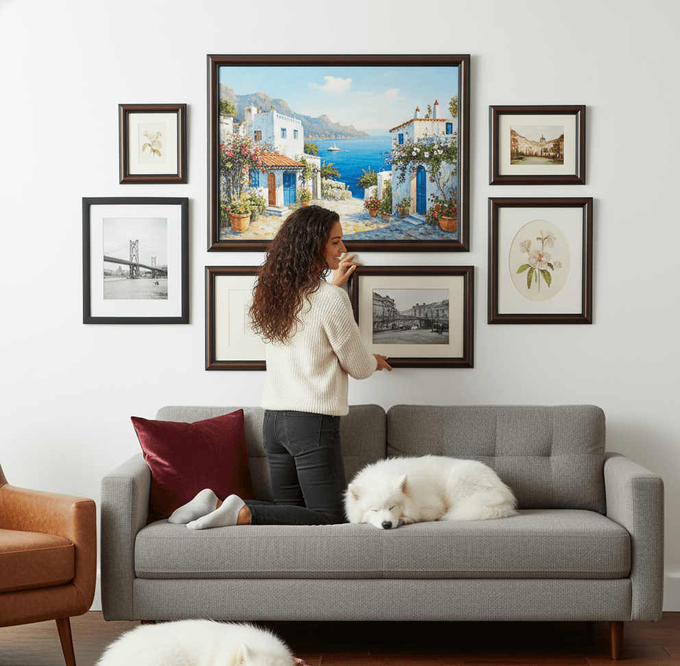 Woman arranging comprehensive mixed finish gallery wall above gray sofa with sleeping white Samoyed dog featuring Executive Brown and black picture frames with large Mediterranean coastal village oil painting centerpiece showing white stucco buildings terracotta roofs and turquoise Aegean sea surrounded by monochromatic architectural photography and delicate orchid botanical illustrations creating sophisticated travel inspired display demonstrating how traditional mahogany brown Executive Brown frames with 1.25 inch stepped moulding coordinate beautifully with black frames for eclectic gallery wall arrangements