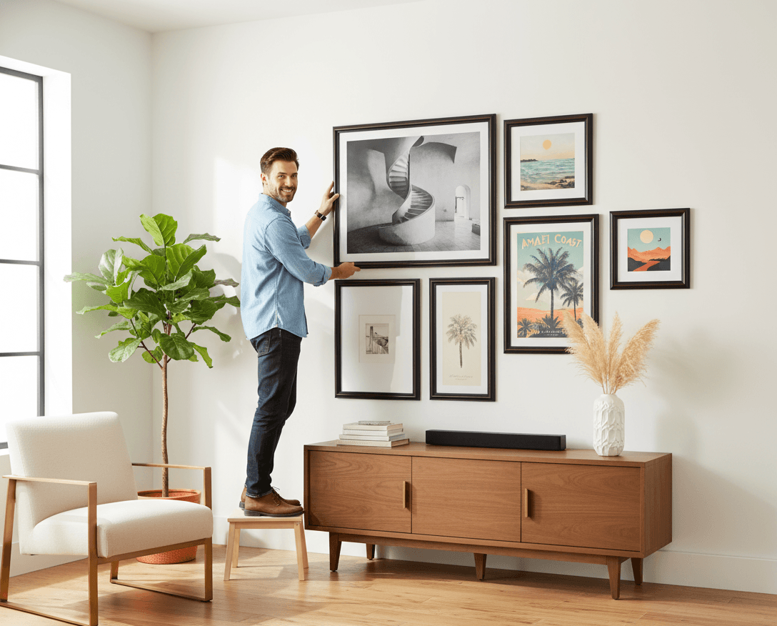 Woman on armchair arranging comprehensive Executive Brown picture frames gallery wall featuring large monochromatic beach seascape photography centerpiece surrounded by minimalist copper orange sun geometric line art including mountain water droplet design floral bloom geometric shapes misty forest evergreen photography creating cohesive nature inspired display demonstrating traditional mahogany brown finish and traditional 1.25 inch stepped profile moulding for mixed media nature photography and geometric art gallery walls